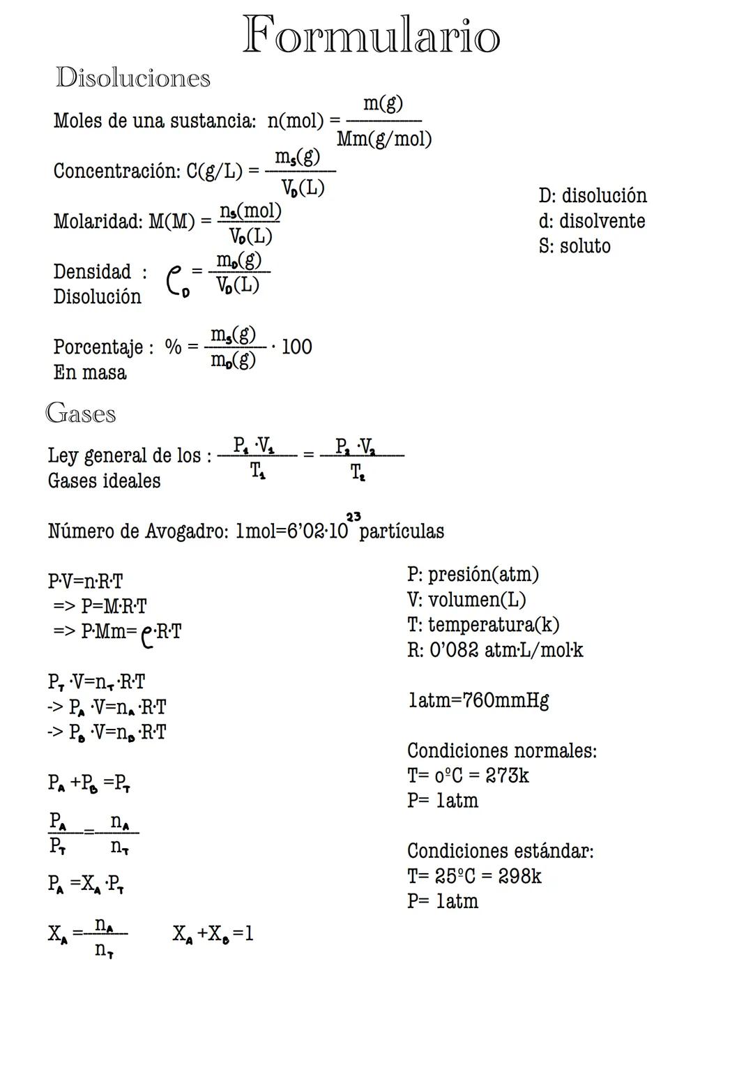 Formulario

Disoluciones

Moles de una sustancia: n(mol) = $\frac{m(g)}{Mm(g/mol)}$

Concentración: C(g/L) = $\frac{m_s(g)}{V_b(L)}$

Molari