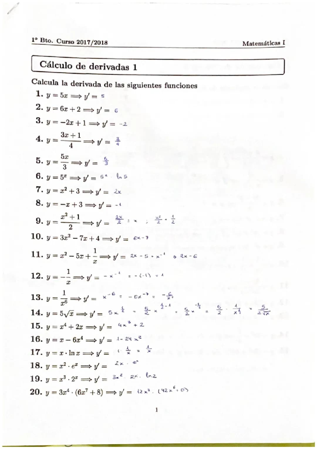 1° Bto. Curso 2017/2018
Cálculo de derivadas 1
Calcula la derivada de las siguientes funciones
1. y = 5x ⇒ y = s
2. y=6x+2y=6
3. y=-2x+1⇒ y 