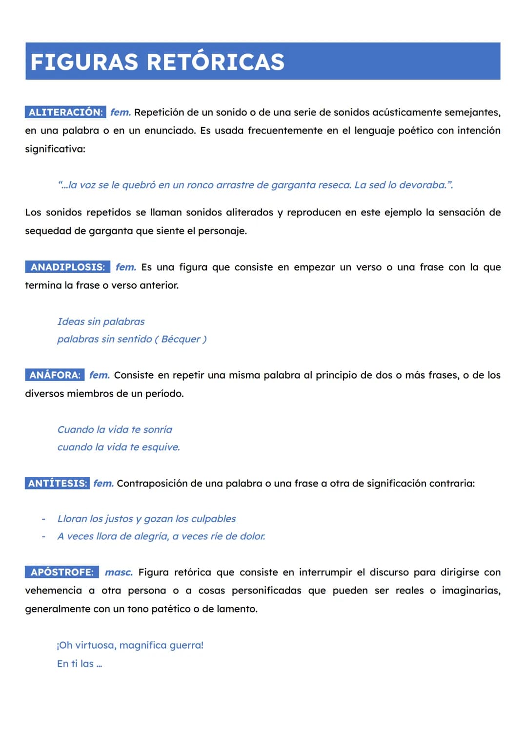FIGURAS RETÓRICAS
ALITERACIÓN: fem. Repetición de un sonido o de una serie de sonidos acústicamente semejantes,
en una palabra o en un enunc