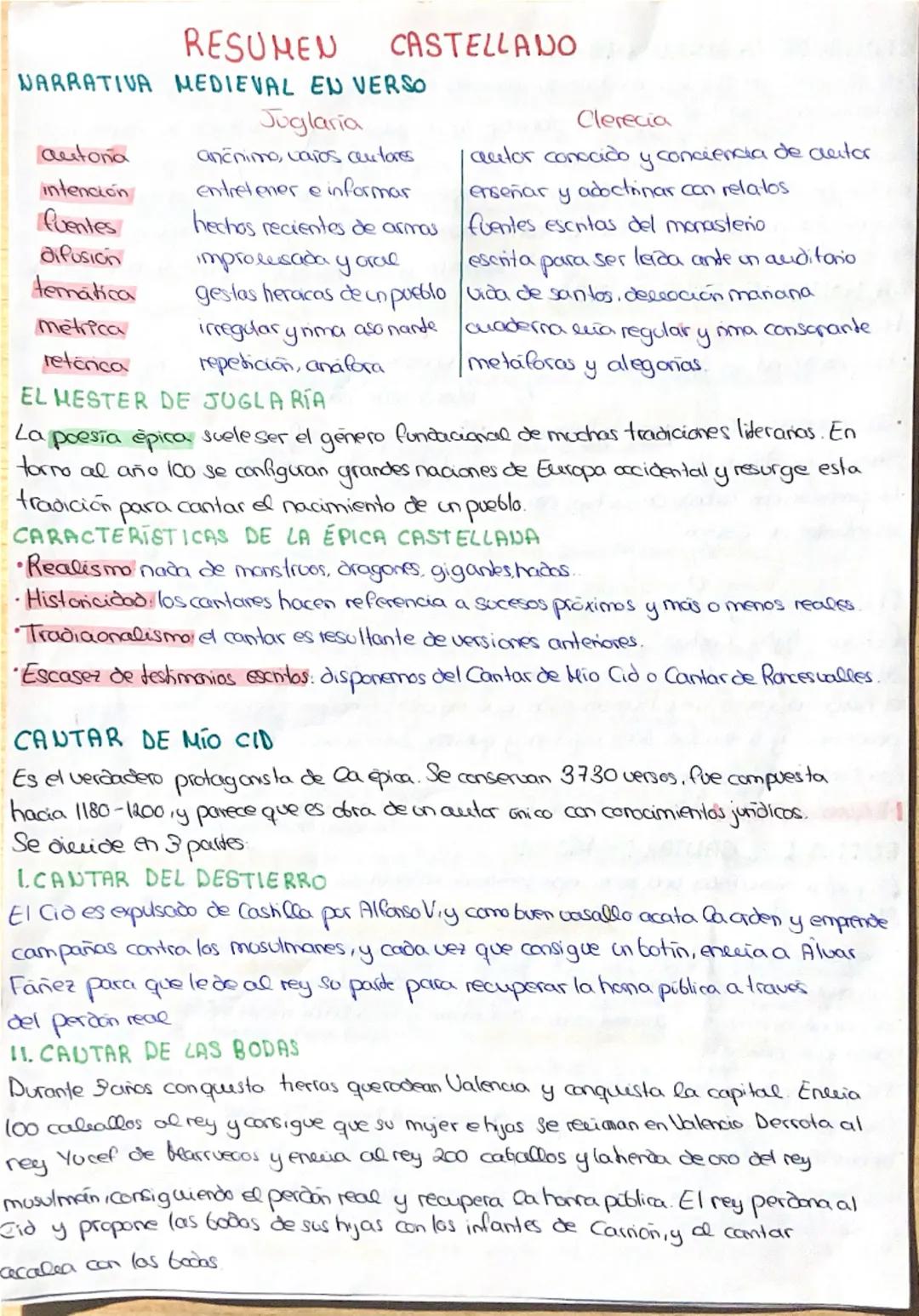 # RESUMEN
CASTELLANO

NARRATIVA MEDIEVAL EN VERSO

|          | Juglaria                      | Clerecia                                    