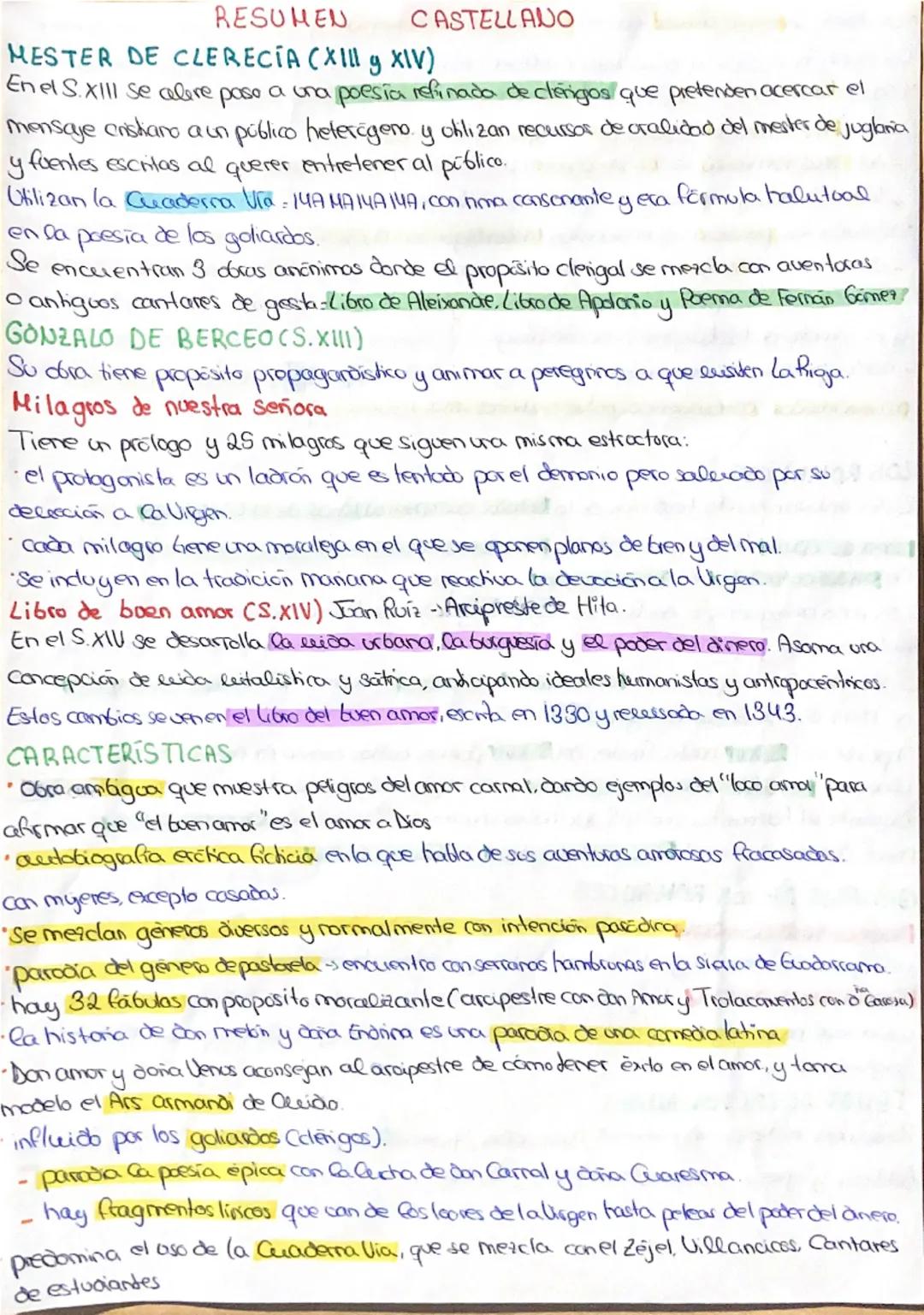 # RESUMEN
CASTELLANO

NARRATIVA MEDIEVAL EN VERSO

|          | Juglaria                      | Clerecia                                    