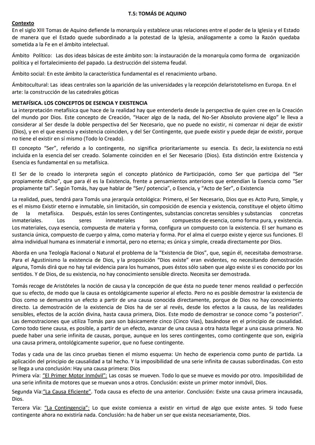 T.5: TOMÁS DE AQUINO
Contexto
En el siglo XIII Tomas de Aquino defiende la monarquía y establece unas relaciones entre el poder de la Iglesi