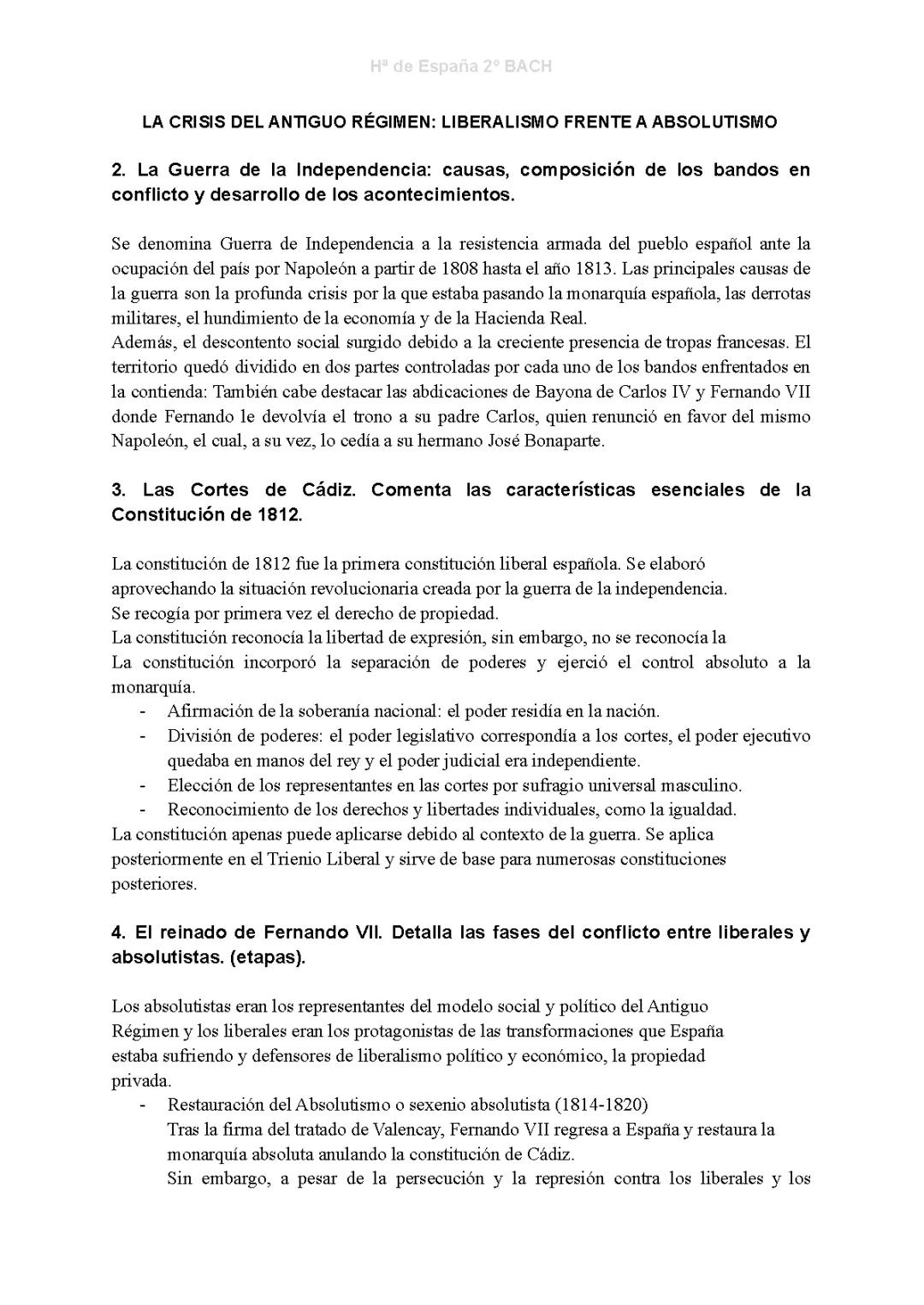 Preguntas Historia de España: Bloques 5 y 6 - La Crisis del Antiguo Régimen