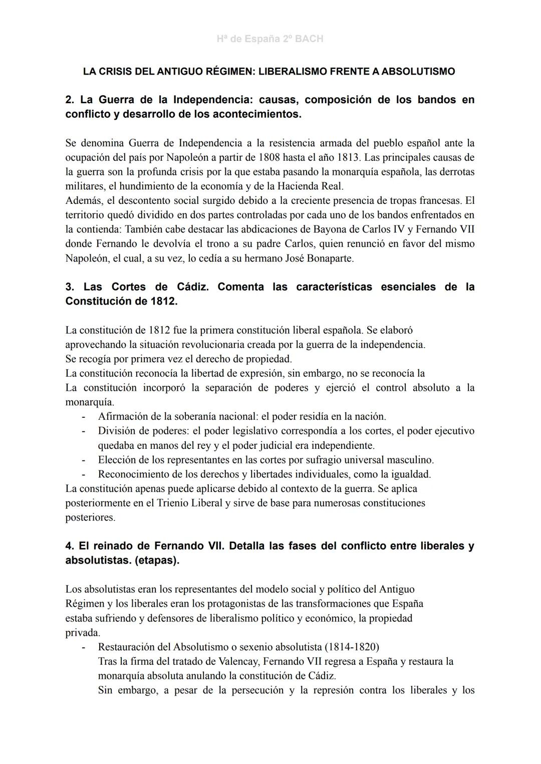 Hª de España 2º BACH
LA CRISIS DEL ANTIGUO RÉGIMEN: LIBERALISMO FRENTE A ABSOLUTISMO
2. La Guerra de la Independencia: causas, composición d