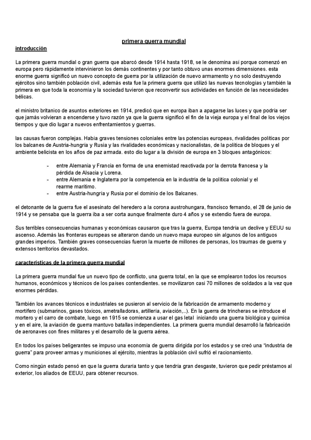 La primera guerra mundial resumen