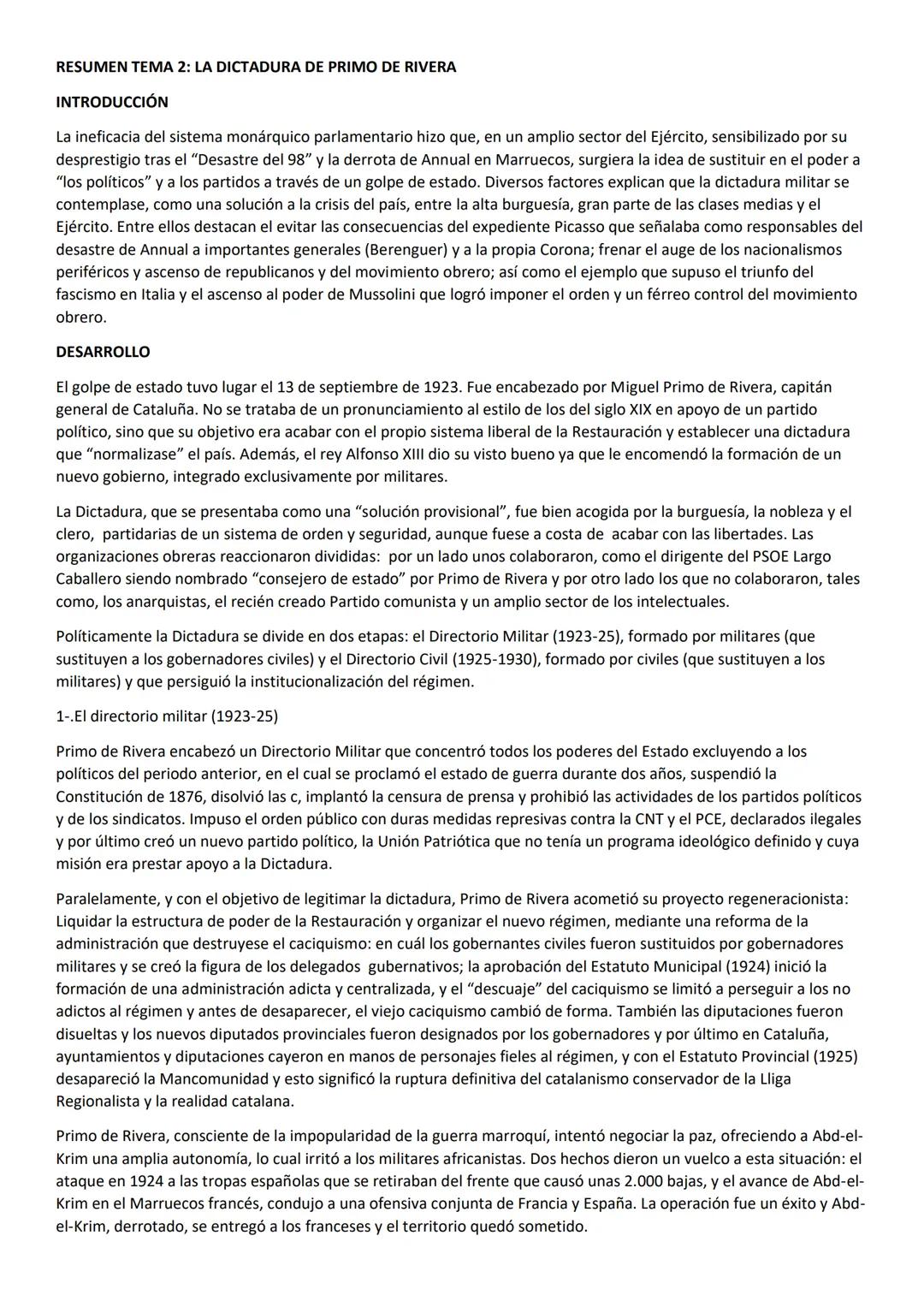 # RESUMEN TEMA 2: LA DICTADURA DE PRIMO DE RIVERA

INTRODUCCIÓN

La ineficacia del sistema monárquico parlamentario hizo que, en un amplio s