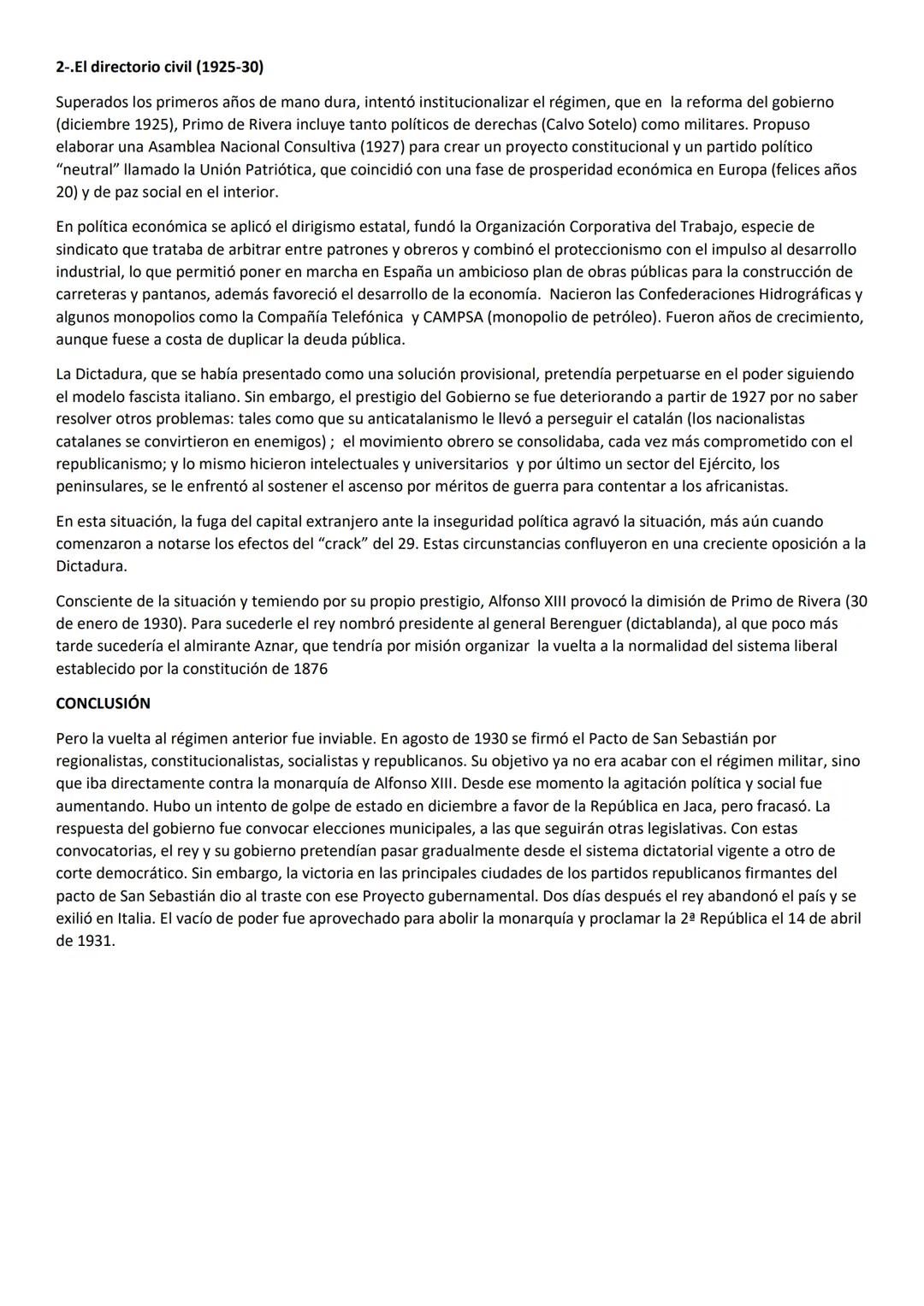 # RESUMEN TEMA 2: LA DICTADURA DE PRIMO DE RIVERA

INTRODUCCIÓN

La ineficacia del sistema monárquico parlamentario hizo que, en un amplio s
