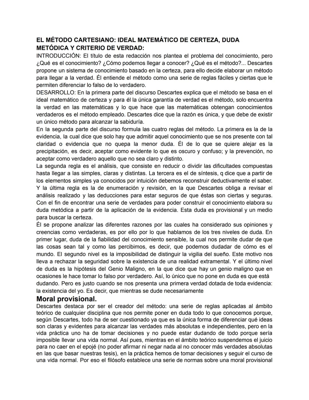 EL MÉTODO CARTESIANO: IDEAL MATEMÁTICO DE CERTEZA, DUDA
METÓDICA Y CRITERIO DE VERDAD:
INTRODUCCIÓN: El título de esta redacción nos plantea