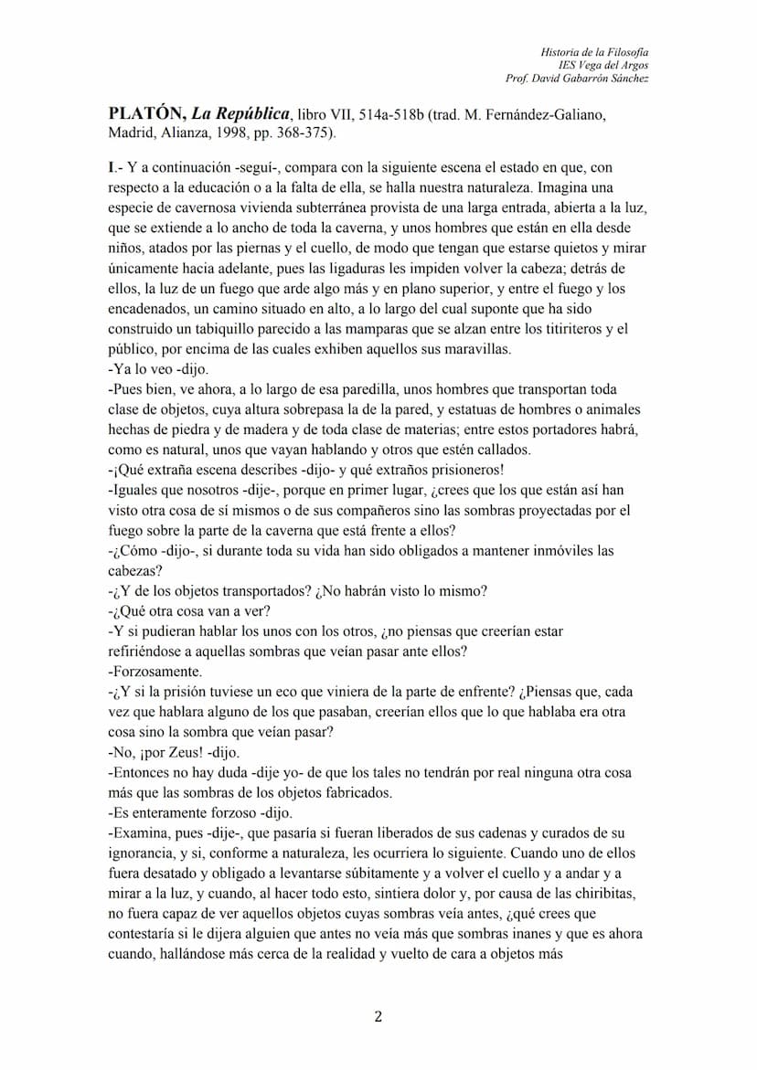102
ÍNDICE
TEXTO: "El Mito de la Caverna" (Libro VII, La República)
I. INTRODUCCIÓN GENERAL
II. NOCIONES:
1.- Los Prisioneros y las sombras
