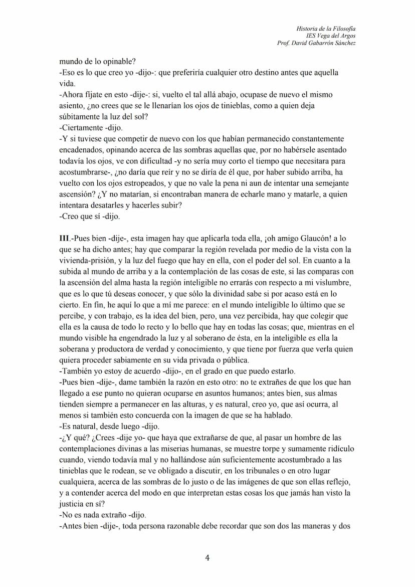 102
ÍNDICE
TEXTO: "El Mito de la Caverna" (Libro VII, La República)
I. INTRODUCCIÓN GENERAL
II. NOCIONES:
1.- Los Prisioneros y las sombras
