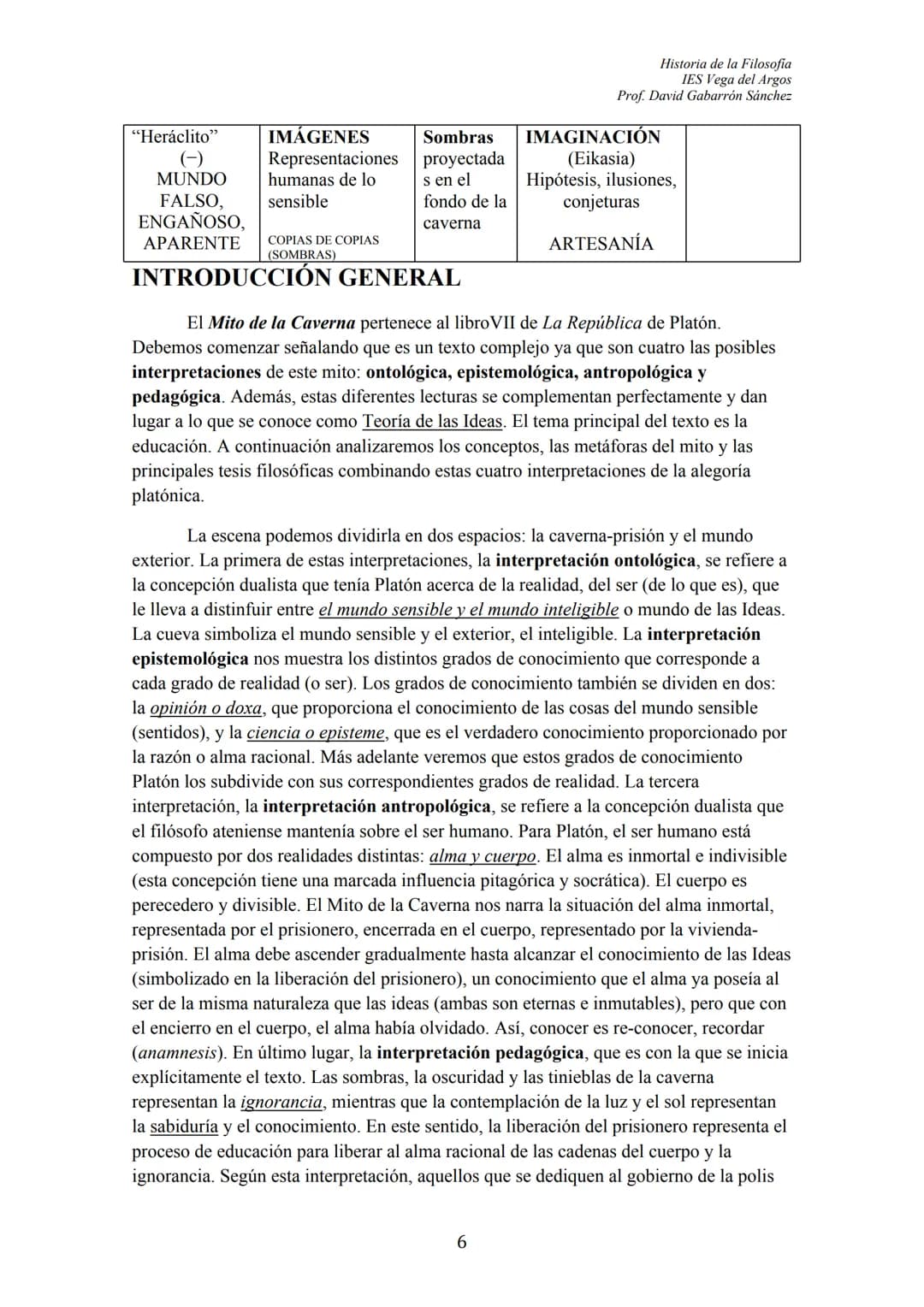 102
ÍNDICE
TEXTO: "El Mito de la Caverna" (Libro VII, La República)
I. INTRODUCCIÓN GENERAL
II. NOCIONES:
1.- Los Prisioneros y las sombras
