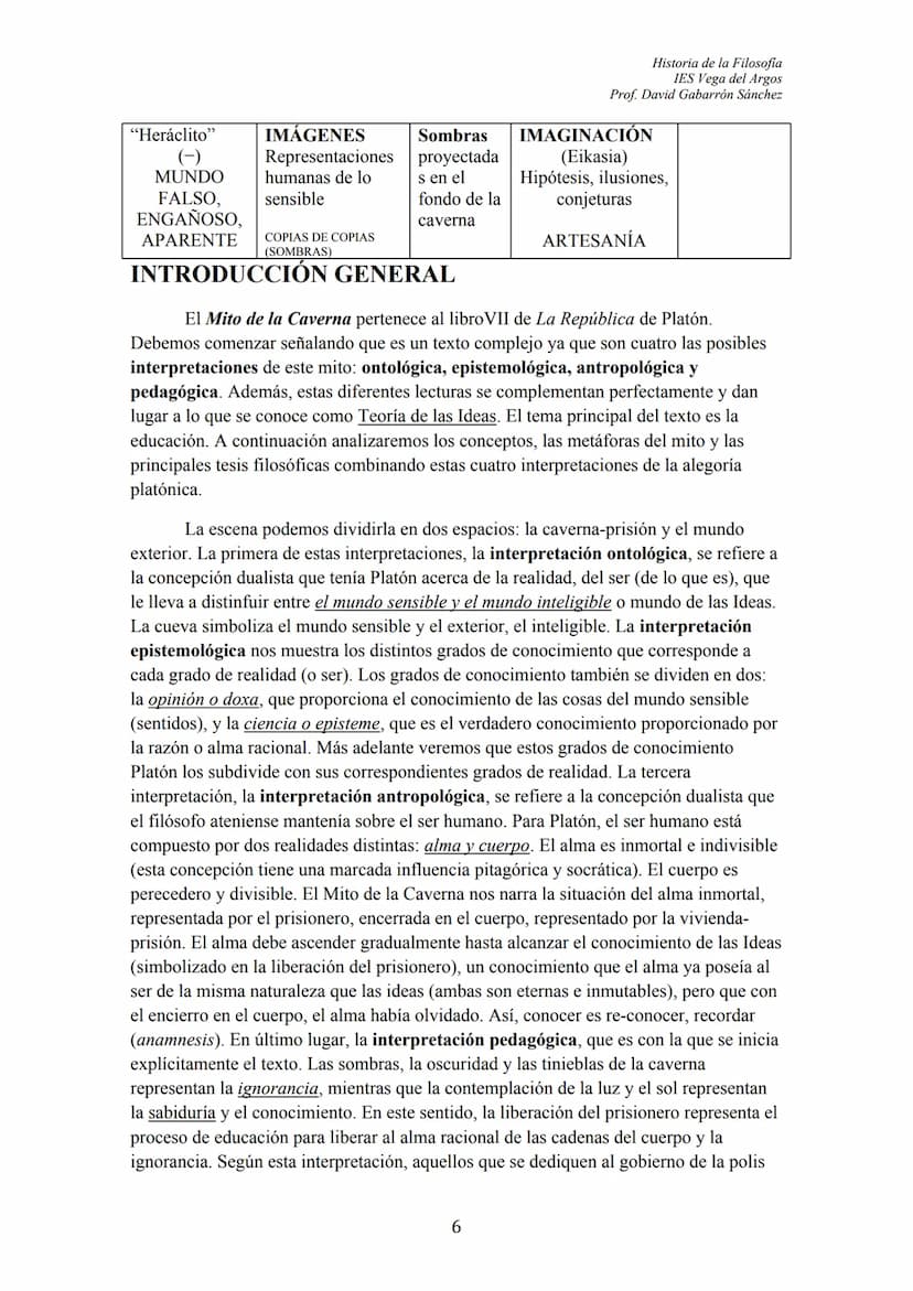 102
ÍNDICE
TEXTO: "El Mito de la Caverna" (Libro VII, La República)
I. INTRODUCCIÓN GENERAL
II. NOCIONES:
1.- Los Prisioneros y las sombras
