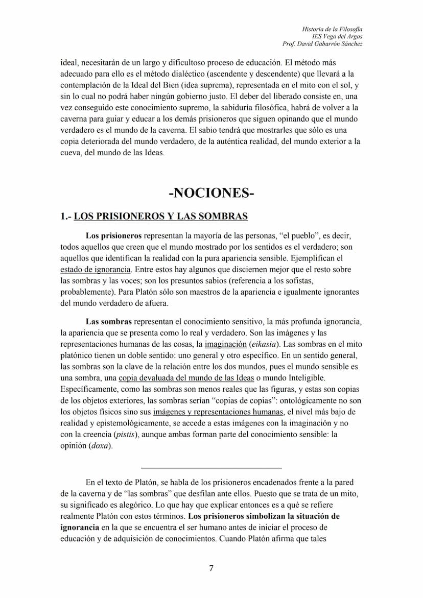 102
ÍNDICE
TEXTO: "El Mito de la Caverna" (Libro VII, La República)
I. INTRODUCCIÓN GENERAL
II. NOCIONES:
1.- Los Prisioneros y las sombras

