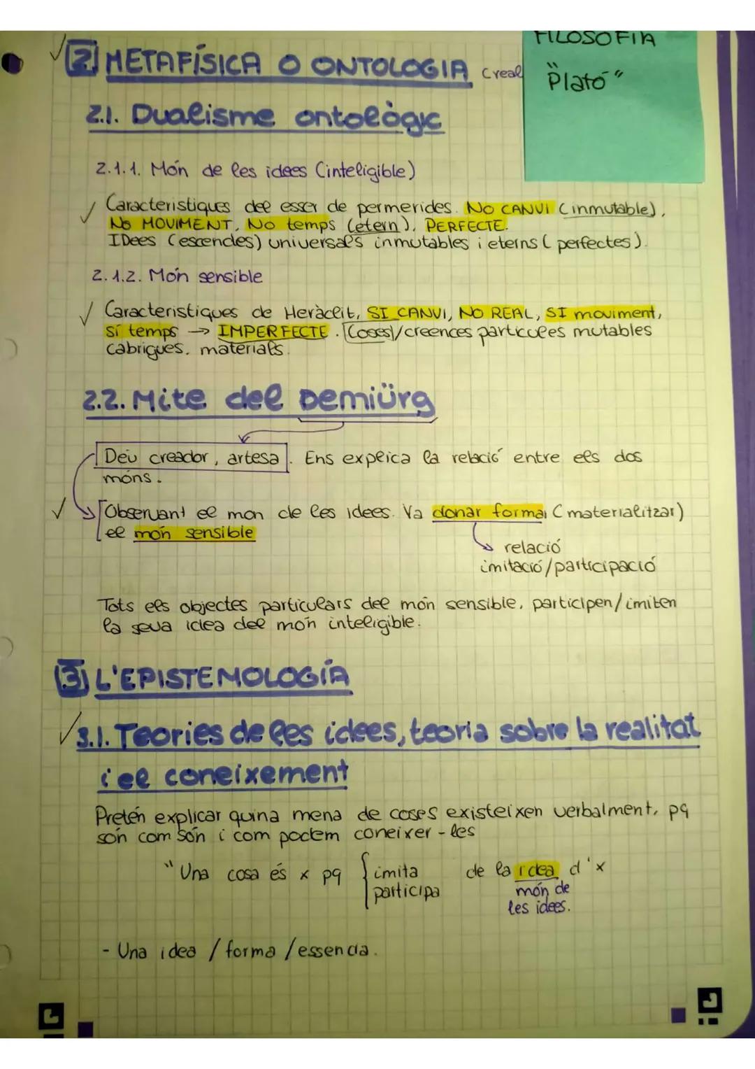 # METAFÍSICA O ONTOLOGIA Creal

21. Dualisme ontologic

2.1.1. Món de les idees (inteligible)

FILOSOFIA

Plato"

✓Caracteristiques dee esse