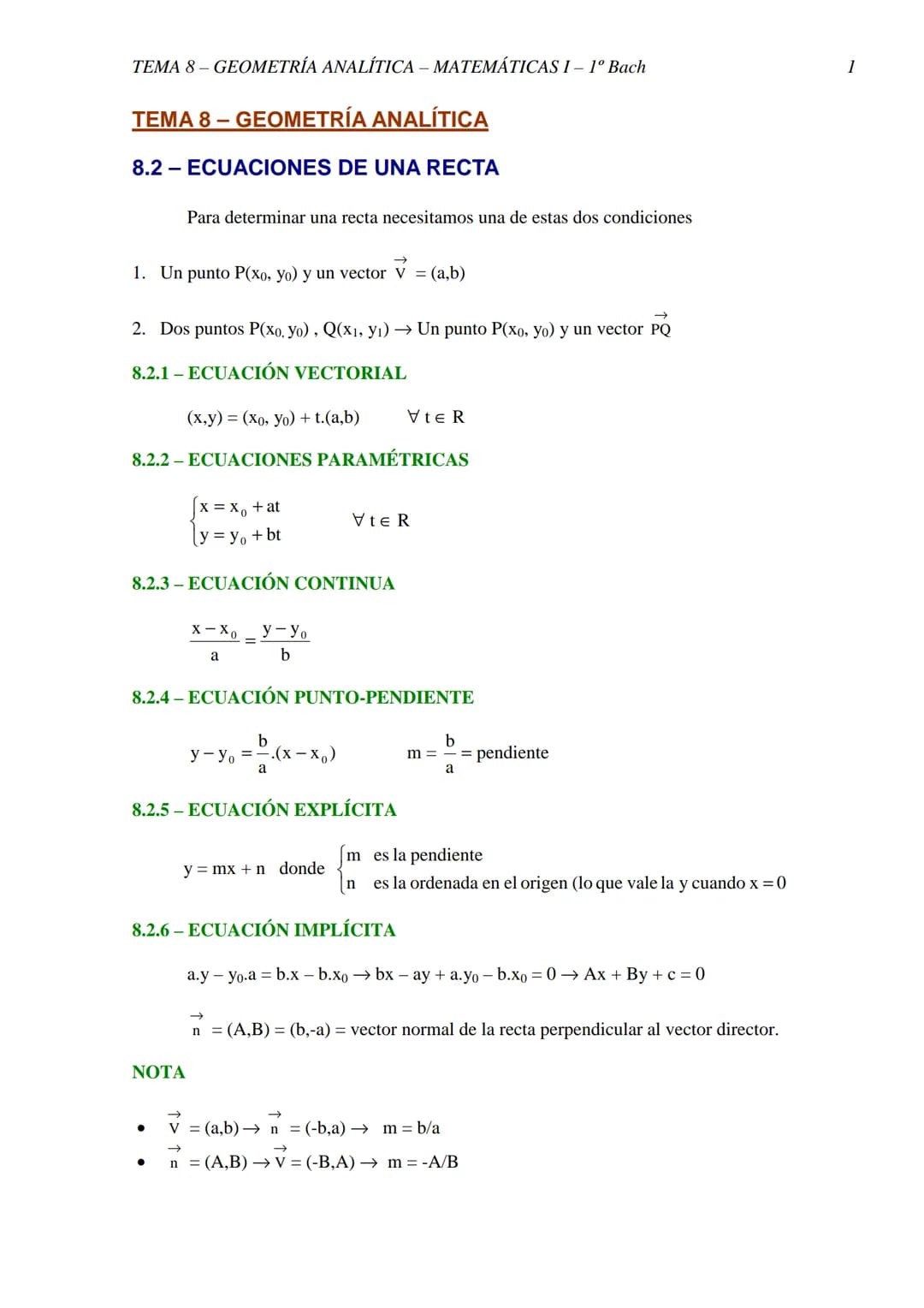 TEMA 8-GEOMETRÍA ANALÍTICA - MATEMÁTICAS I - 1º Bach
TEMA 8 - GEOMETRÍA ANALÍTICA
8.2 ECUACIONES DE UNA RECTA
1. Un punto P(xo, yo) y un vec