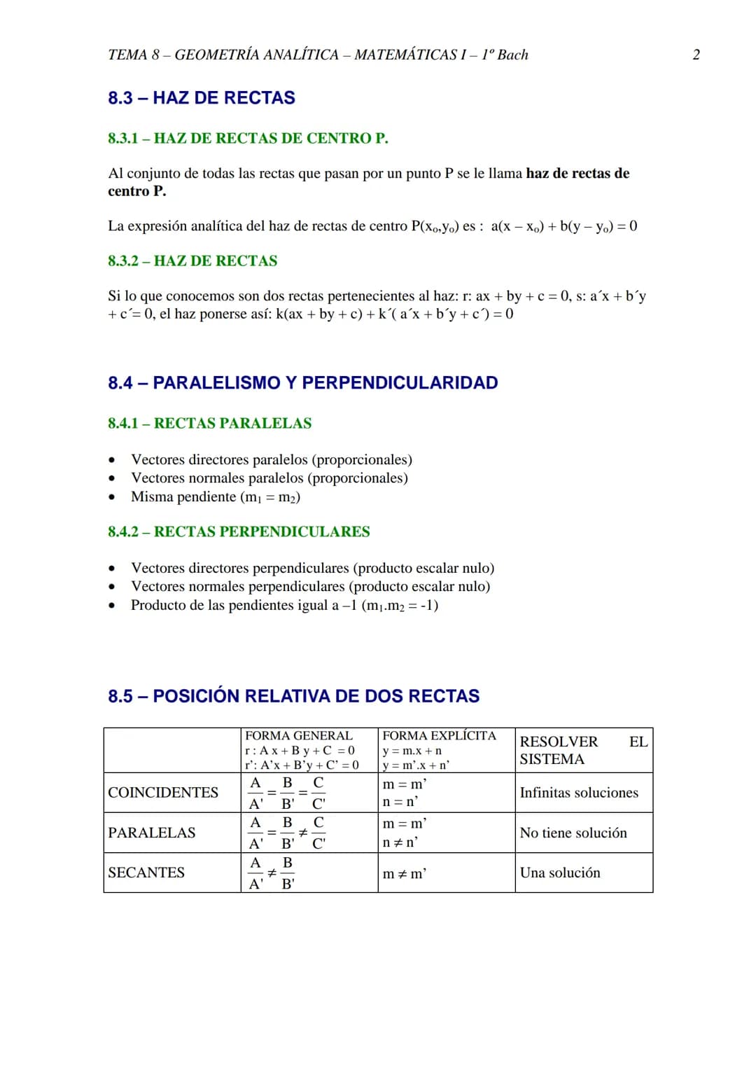 TEMA 8-GEOMETRÍA ANALÍTICA - MATEMÁTICAS I - 1º Bach
TEMA 8 - GEOMETRÍA ANALÍTICA
8.2 ECUACIONES DE UNA RECTA
1. Un punto P(xo, yo) y un vec