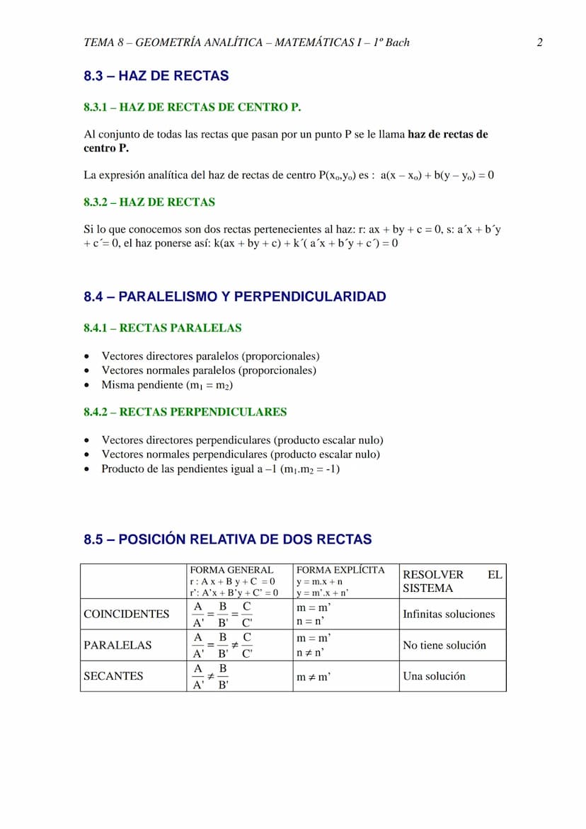 TEMA 8-GEOMETRÍA ANALÍTICA - MATEMÁTICAS I - 1º Bach
TEMA 8 - GEOMETRÍA ANALÍTICA
8.2 ECUACIONES DE UNA RECTA
1. Un punto P(xo, yo) y un vec