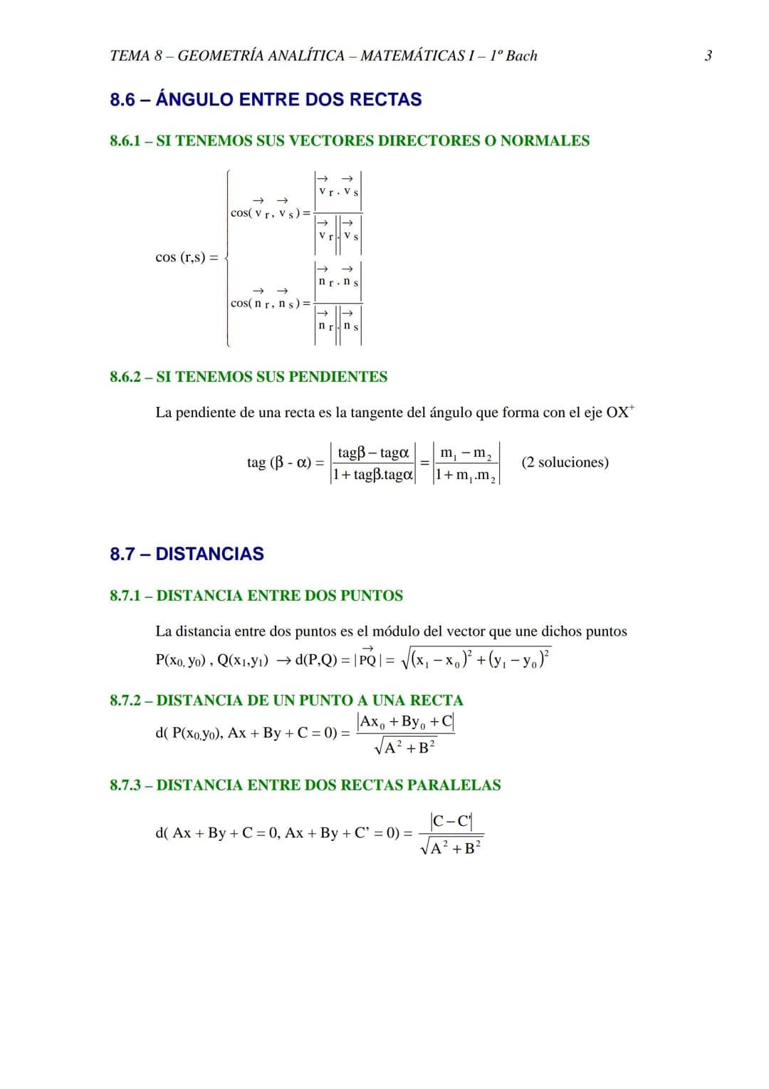 TEMA 8-GEOMETRÍA ANALÍTICA - MATEMÁTICAS I - 1º Bach
TEMA 8 - GEOMETRÍA ANALÍTICA
8.2 ECUACIONES DE UNA RECTA
1. Un punto P(xo, yo) y un vec