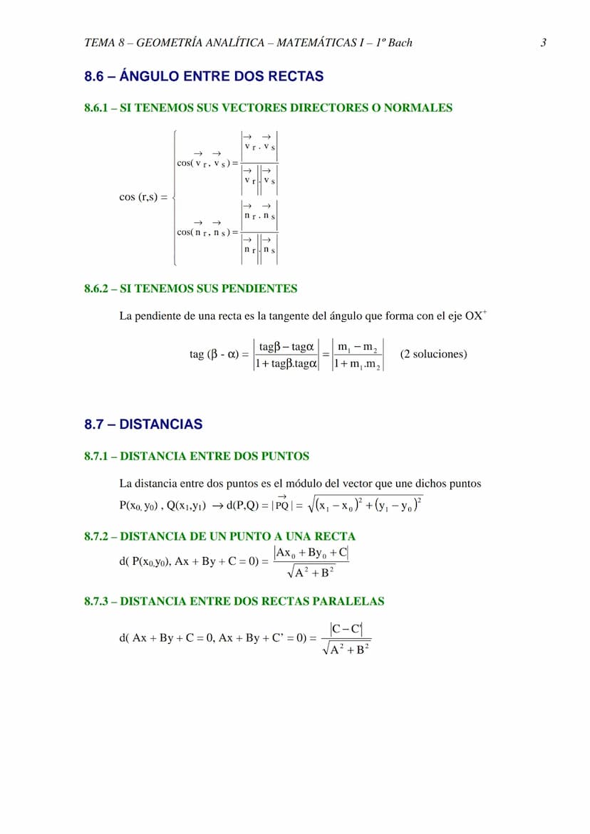TEMA 8-GEOMETRÍA ANALÍTICA - MATEMÁTICAS I - 1º Bach
TEMA 8 - GEOMETRÍA ANALÍTICA
8.2 ECUACIONES DE UNA RECTA
1. Un punto P(xo, yo) y un vec