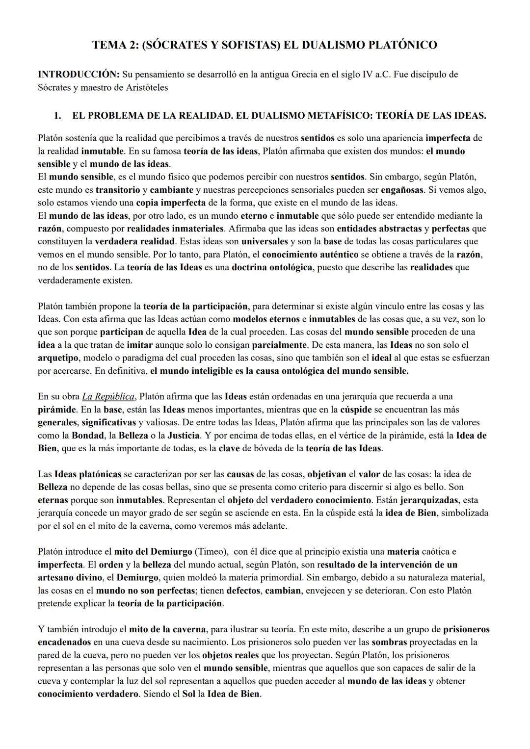 TEMA 2: (SÓCRATES Y SOFISTAS) EL DUALISMO PLATÓNICO
INTRODUCCIÓN: Su pensamiento se desarrolló en la antigua Grecia en el siglo IV a.C. Fue 