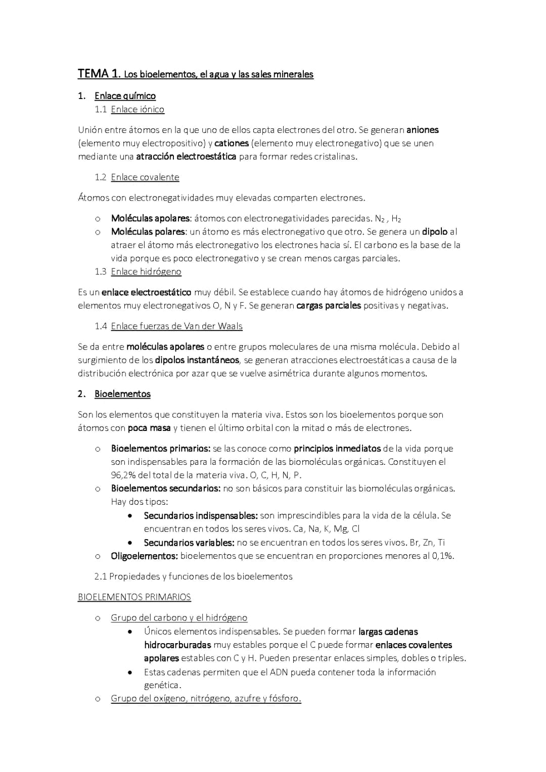 Los bioelementos, el agua y las sales minerales