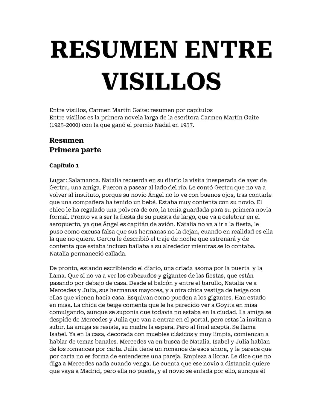 Entre visillos, Carmen Martín Gaite: resumen por capítulos