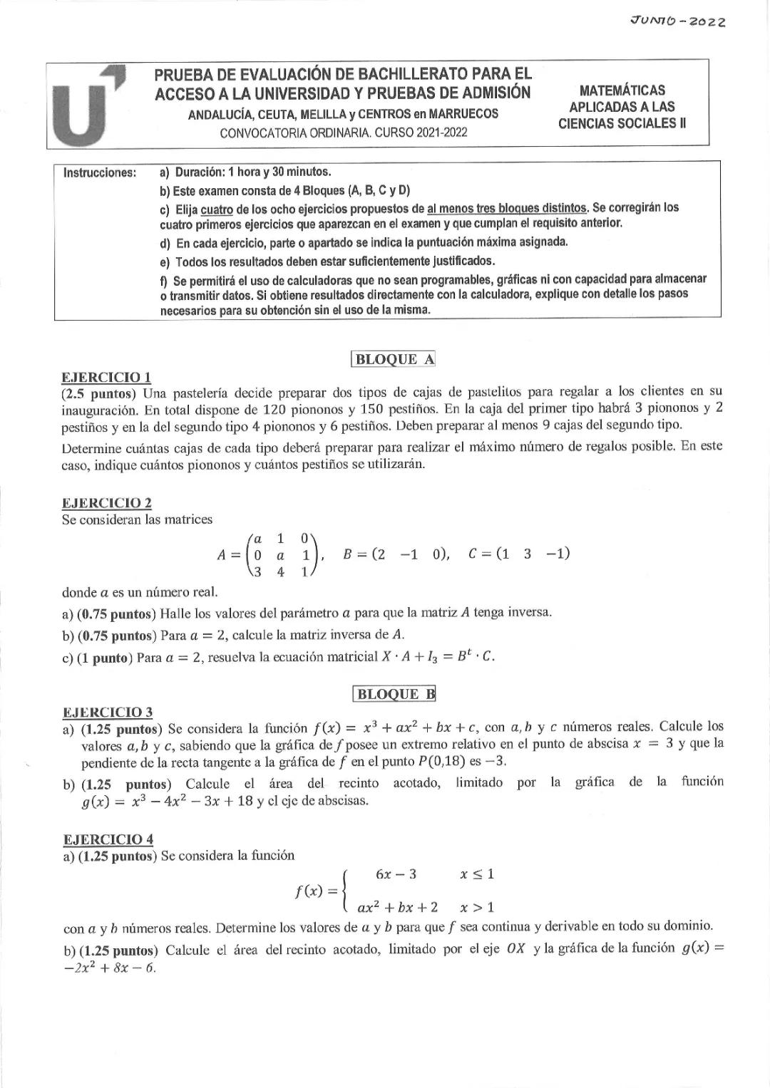 Pruebas de Acceso a la Universidad en Andalucía 2022: Matemáticas Aplicadas