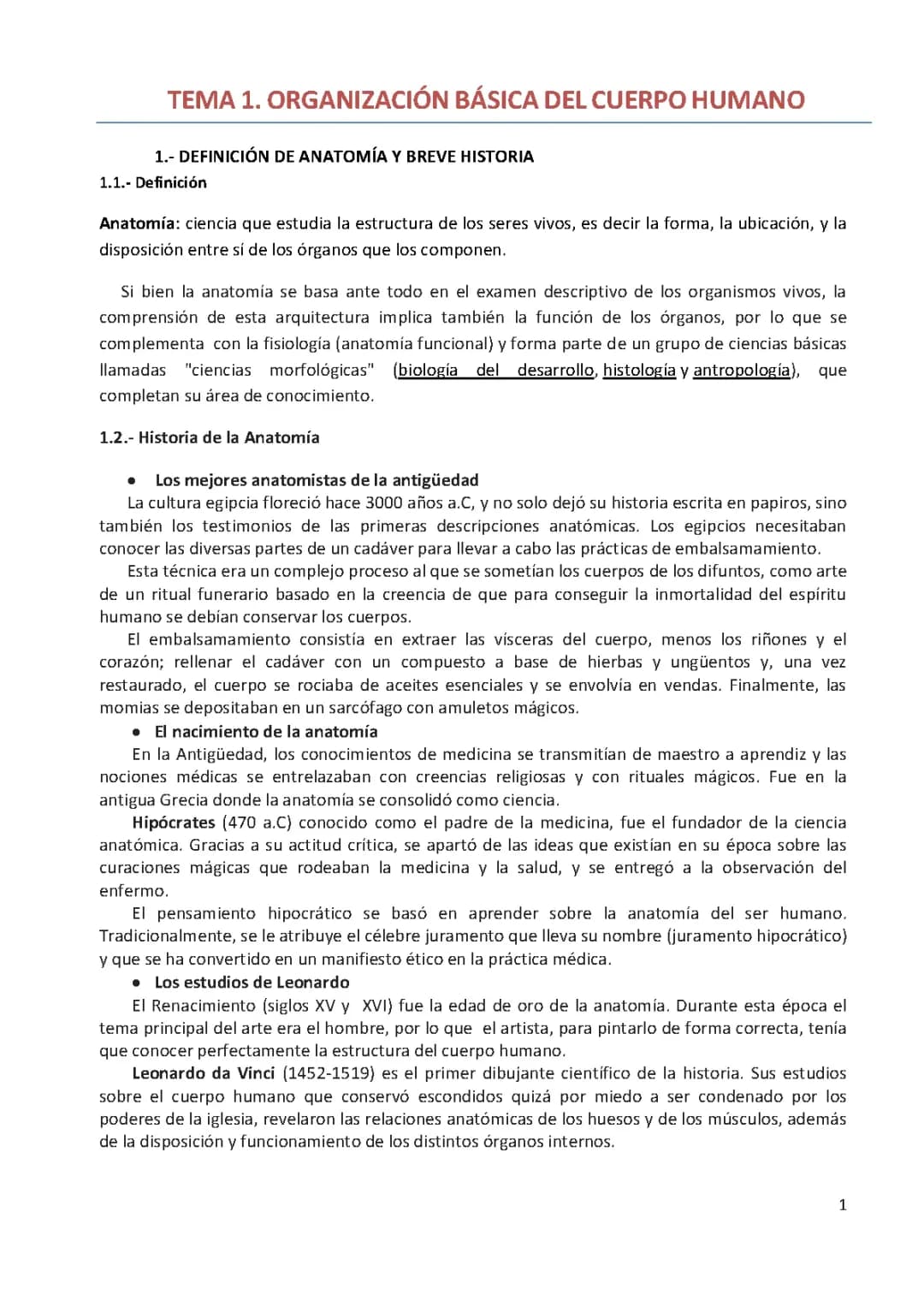 Organización básica del cuerpo humano.