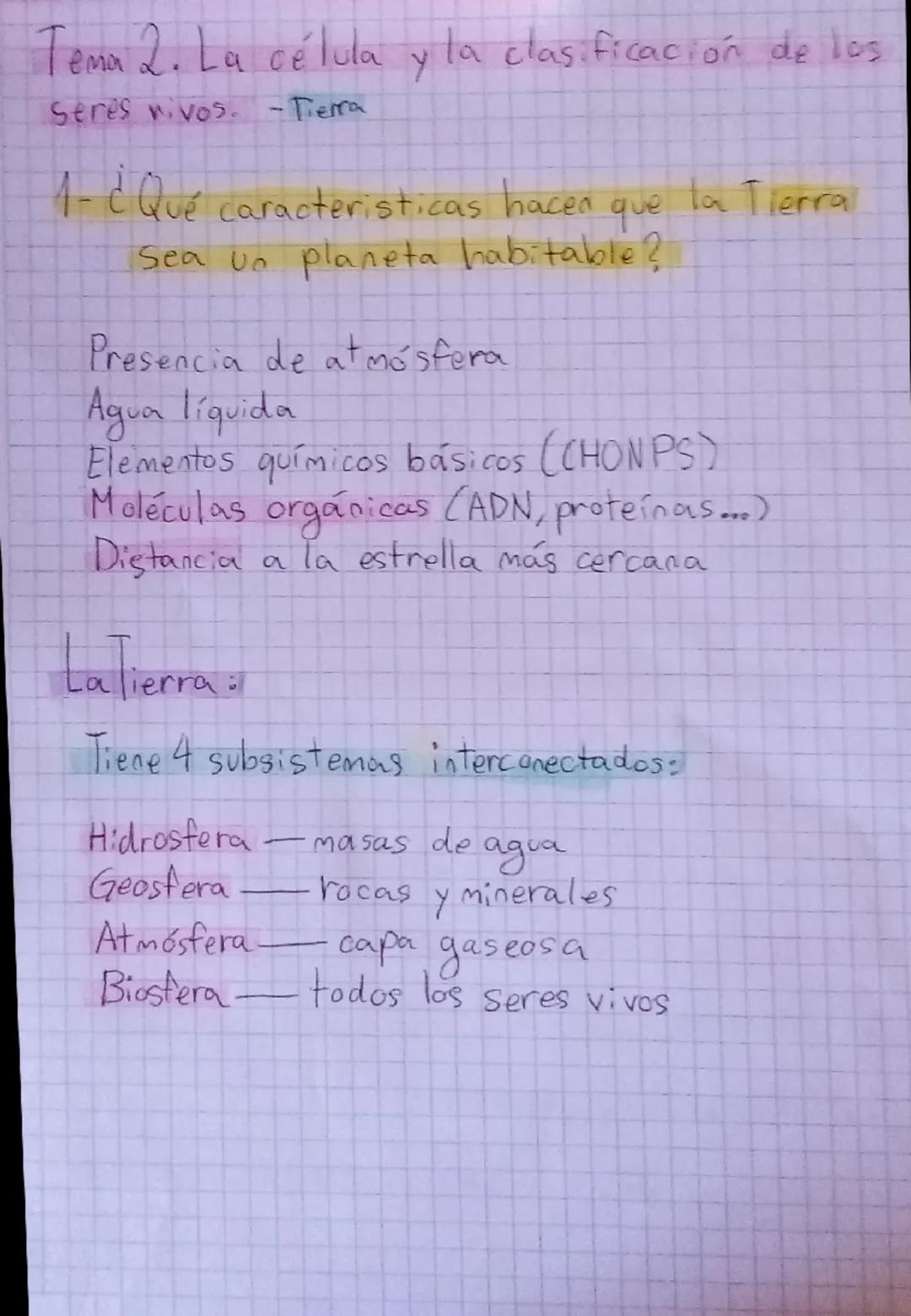 Tema 2. La célula y la clasificación de los
Seres vivos.
-Terra
1- ¿Qué caracteristicas hacen
que
ta Tierra
Sea vo planeta habitable?
Presen