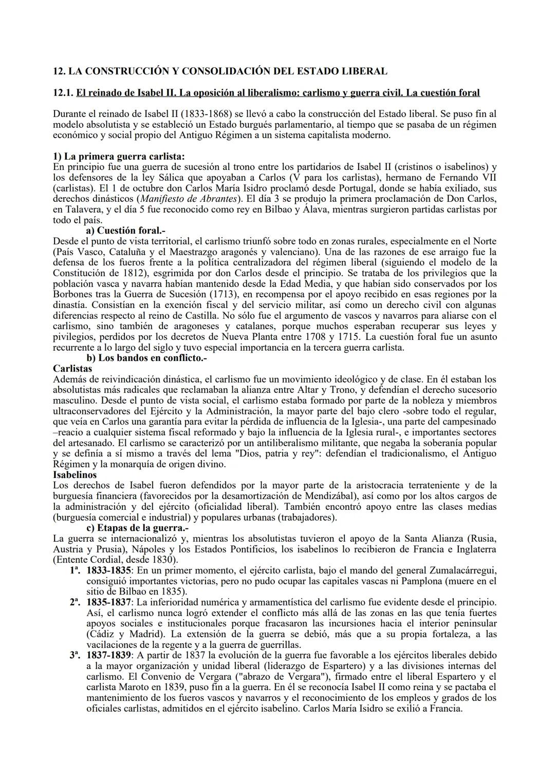 12. LA CONSTRUCCIÓN Y CONSOLIDACIÓN DEL ESTADO LIBERAL
12.1. El reinado de Isabel II. La oposición al liberalismo: carlismo y guerra civil. 