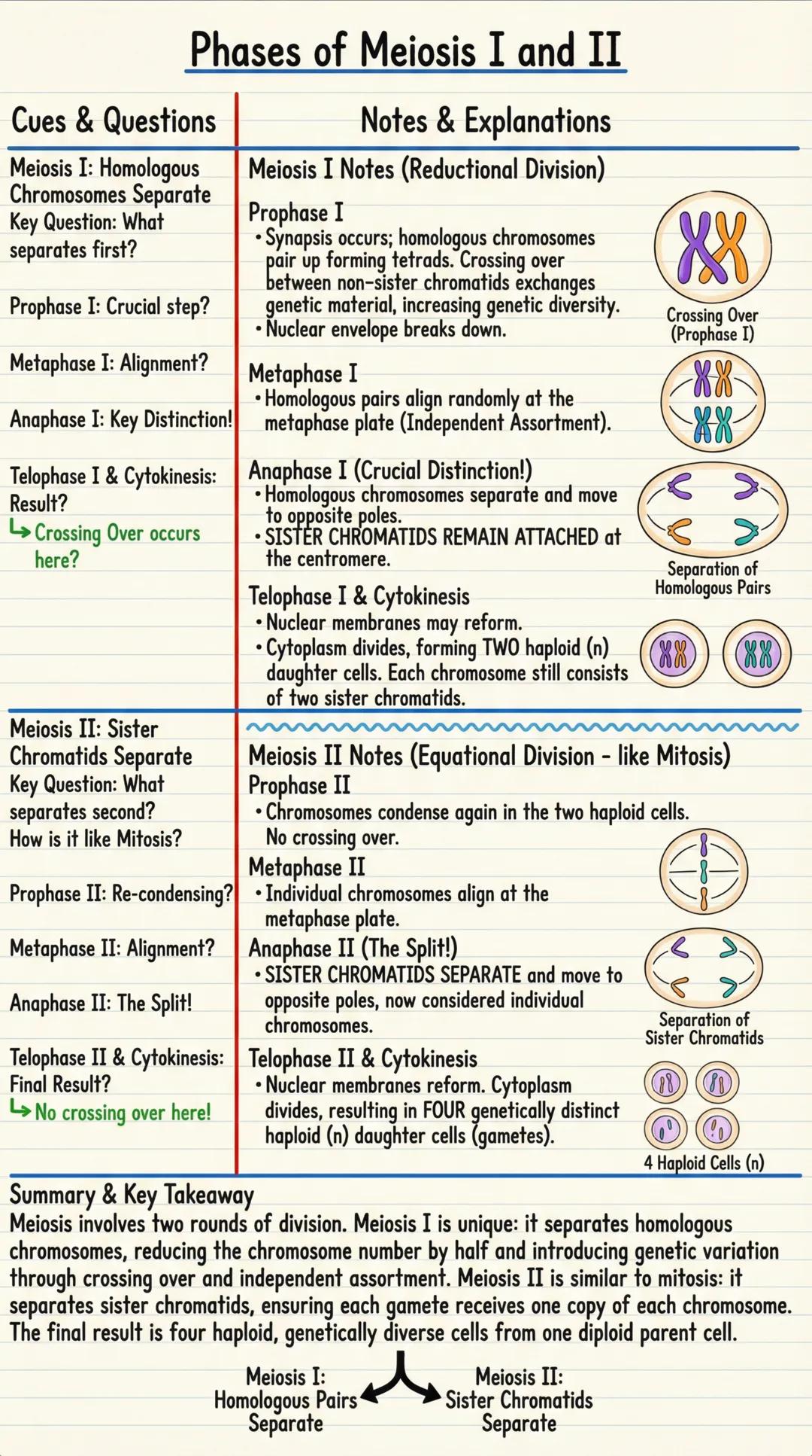 Phases of Meiosis I and II

| Cues & Questions | Notes & Explanations |
|---|---|
| Meiosis I: Homologous | Meiosis I Notes (Reductional Div