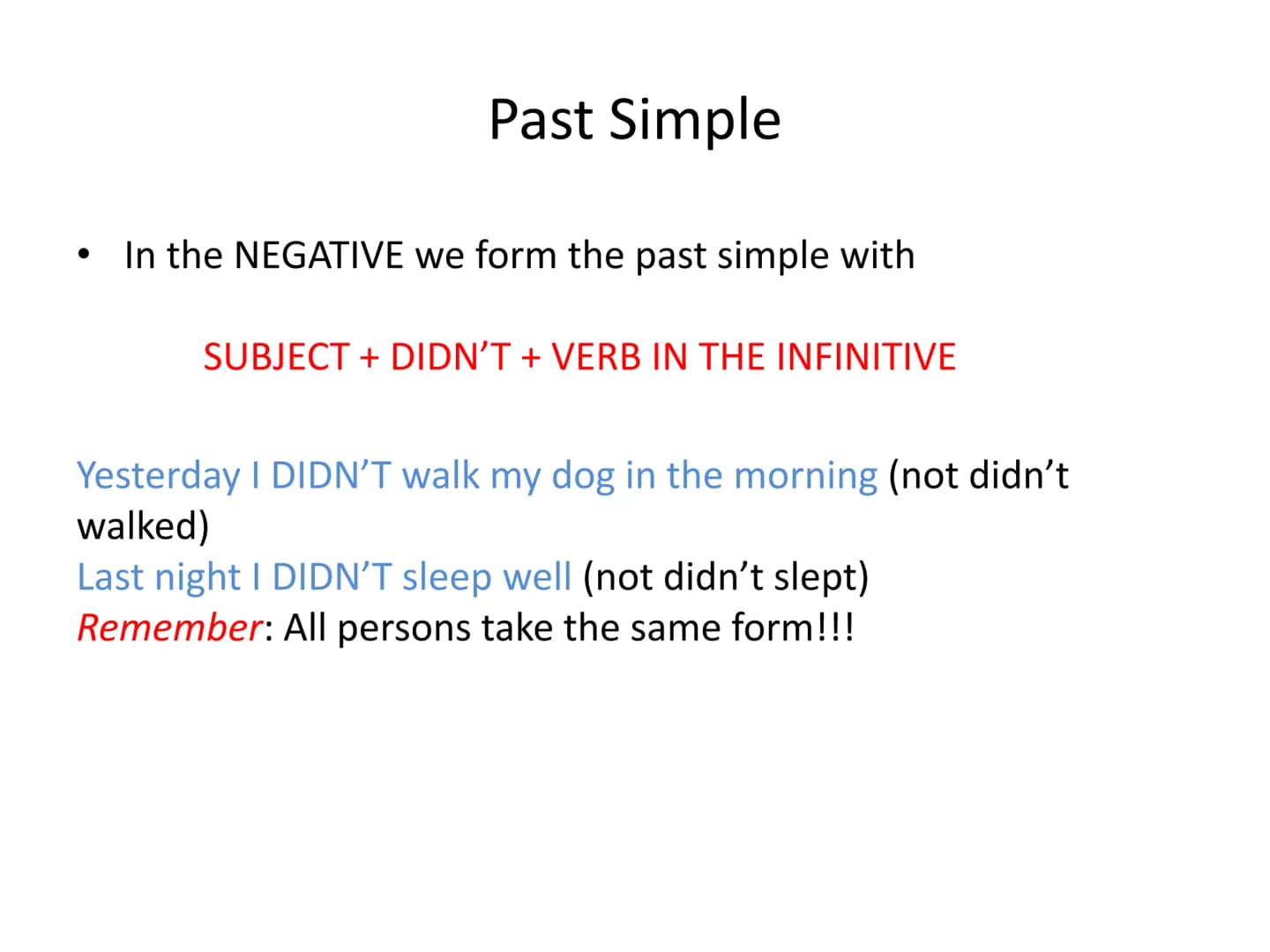 Past tenses
A review for Bachillerato ●
Past Simple
In the AFFIRMATIVE we form the past simple with:
SUBJECT + VERB IN THE PAST:
-ed (Regula