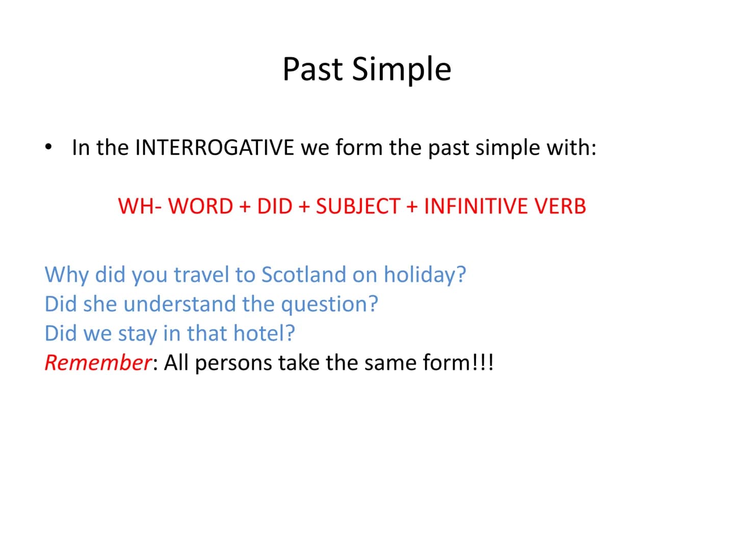 Past tenses
A review for Bachillerato ●
Past Simple
In the AFFIRMATIVE we form the past simple with:
SUBJECT + VERB IN THE PAST:
-ed (Regula