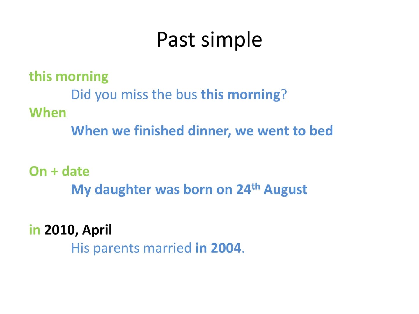 Past tenses
A review for Bachillerato ●
Past Simple
In the AFFIRMATIVE we form the past simple with:
SUBJECT + VERB IN THE PAST:
-ed (Regula