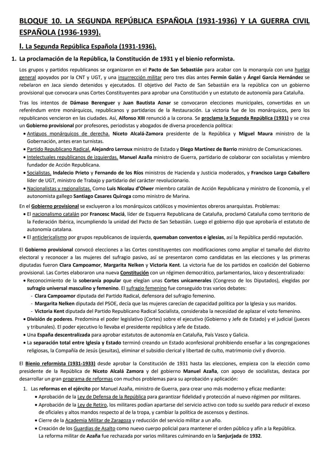 BLOQUE 10. LA SEGUNDA REPÚBLICA ESPAÑOLA (1931-1936) Y LA GUERRA CIVIL
ESPAÑOLA (1936-1939).
I. La Segunda República Española (1931-1936).
1