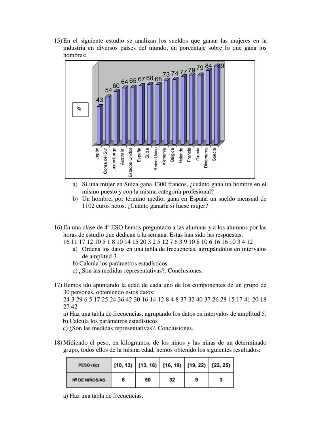 3º ESO-EJERCICIOS DE ESTADÍSTICA
1) El número de hermanos de los alumnos de una clase es el siguiente:
010032140011201
120112130021235
a) El