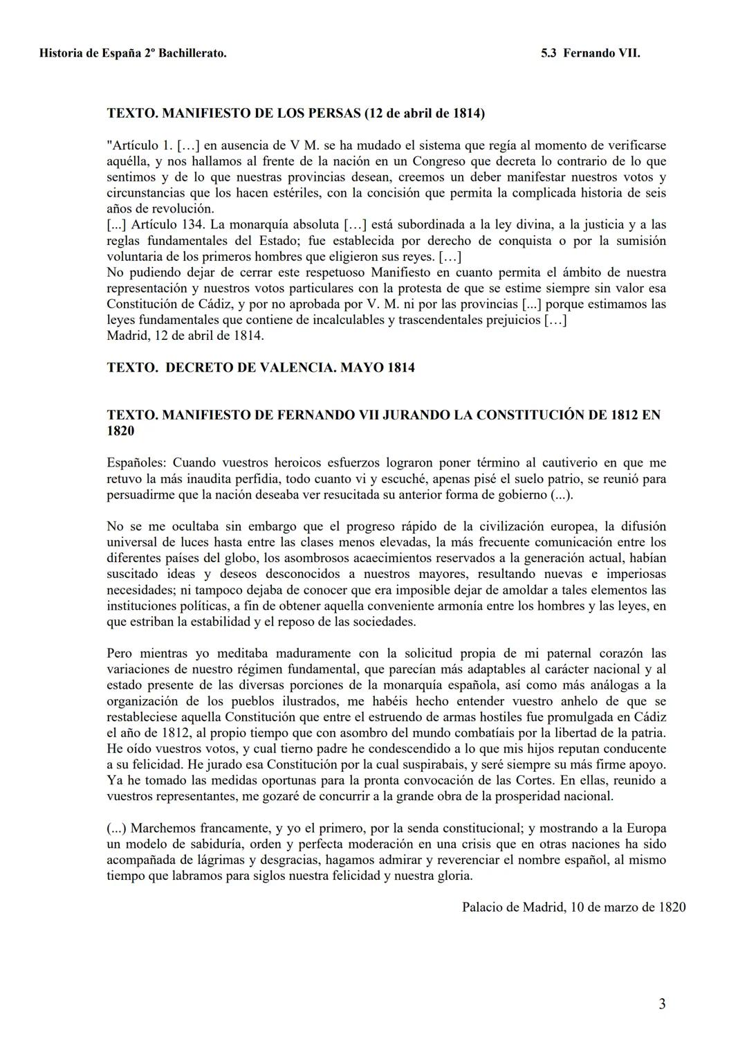 Historia de España 2º Bachillerato.
5.3 EL REINADO DE FERNANDO VII. LIBERALISMO FRENTE ABSOLUTISMO. EL
PROCESO DE INDEPENDENCIA DE LAS COLON