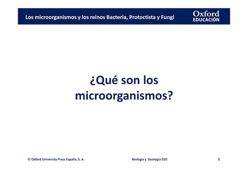 Oxford
EDUCACIÓN
TEMA 3: LOS
MICROORGANISMOS Y
LOS REINOS BACTERIA,
PROTOCTISTA Y FUNGI
Biología y Geología
DOMI MINA Los microorganismos y 