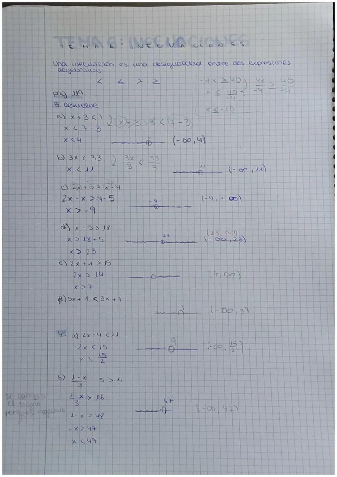 TEMA REINECUACIONES
Una inecuación es una desigualdad entre dos expresiones
algebraices
- 4 x 240)
-4
pag 19
3. Resuelve
a) x + 3 <7
x < 7-3