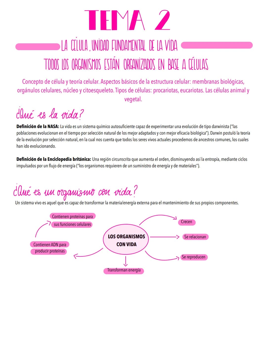 TEMA 2
LA CELULA UNIDAD FUNDAMENTAL DE LA VIDA
TODOS LOS ORGANISMOS ESTÁN ORGANİZADOS EN BASE A CÉLULAS
Concepto de célula y teoría celular.