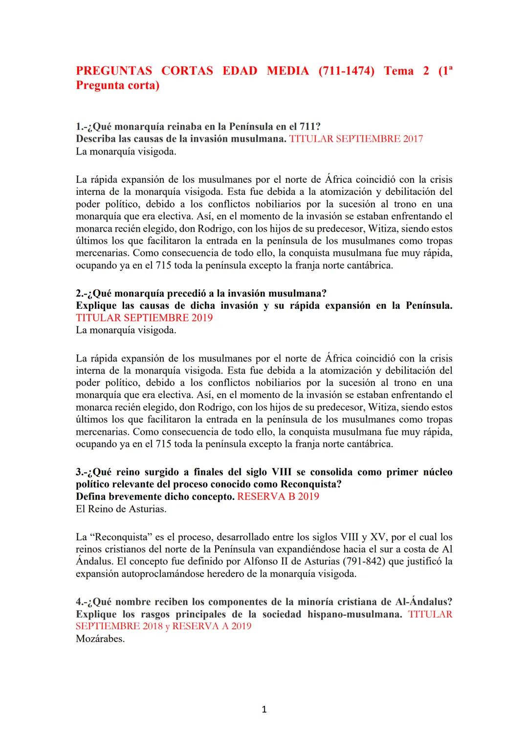 Respuestas a Preguntas Cortas sobre la Edad Media (Tema 2)