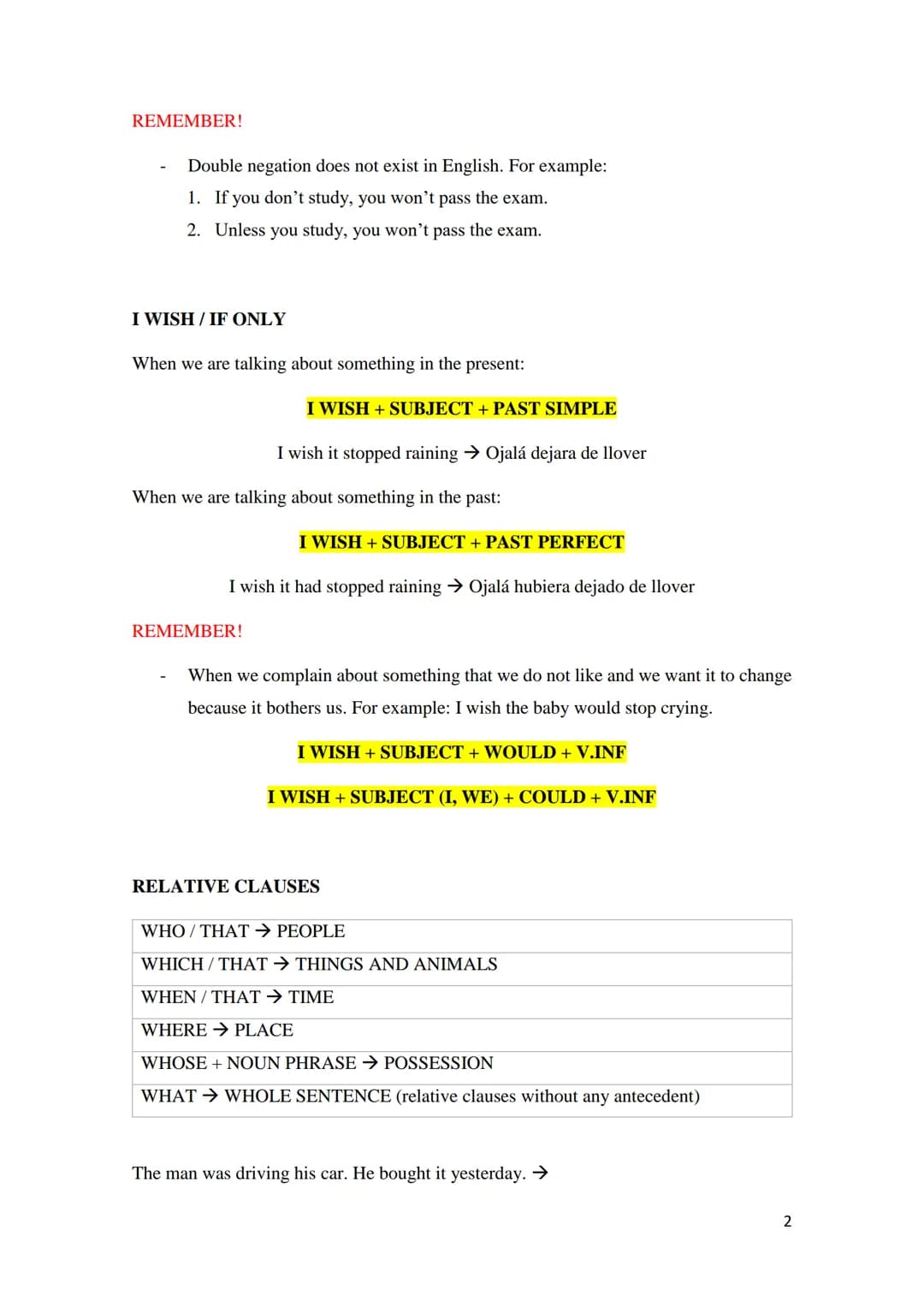 WH-QUESTIONS
(WH) + AUX.* + SUBJECT + VERB* + (C)?
WHAT → QUÉ, CUÁL
WHAT COLOUR → QUÉ COLOR
WHAT TIME → (A) QUÉ HORA
WHAT KIND OF → QUÉ TIPO