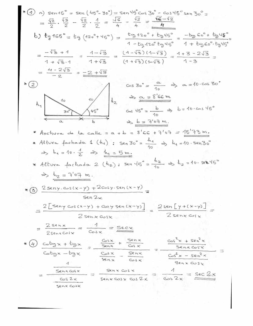 Examen de Matemáticas I - 1º de Bachillerato
1. Calcula las razones trigonométricas que se dan a continuación, expresando los ángulos corres