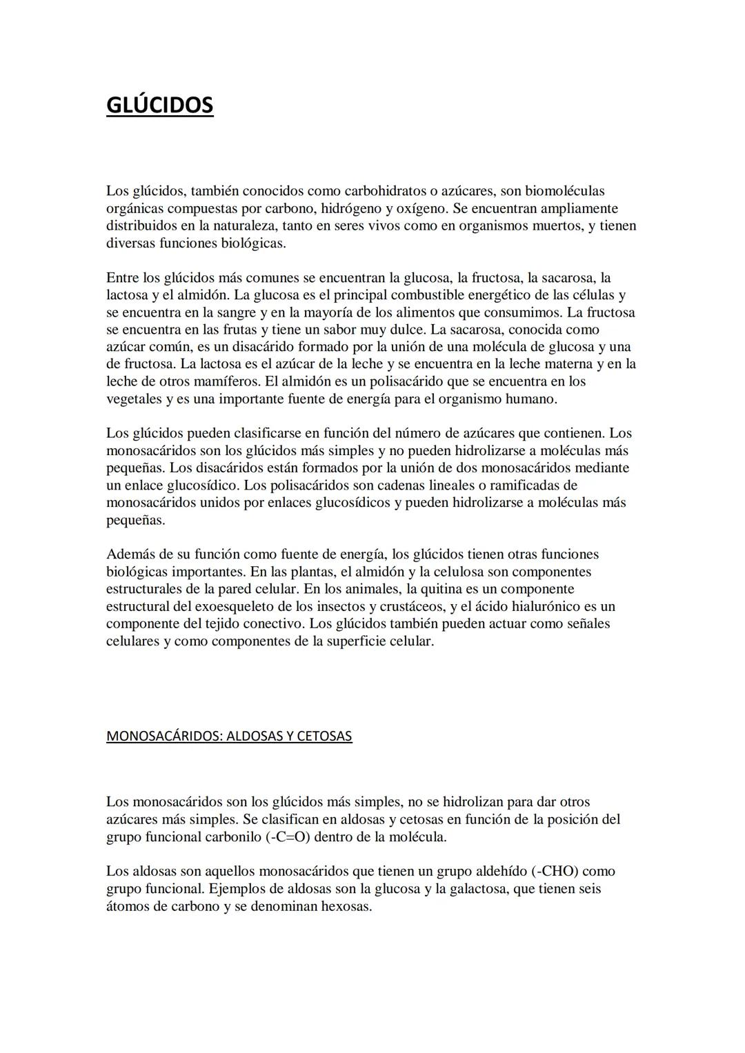 GLÚCIDOS
Los glúcidos, también conocidos como carbohidratos o azúcares, son biomoléculas
orgánicas compuestas por carbono, hidrógeno y oxíge