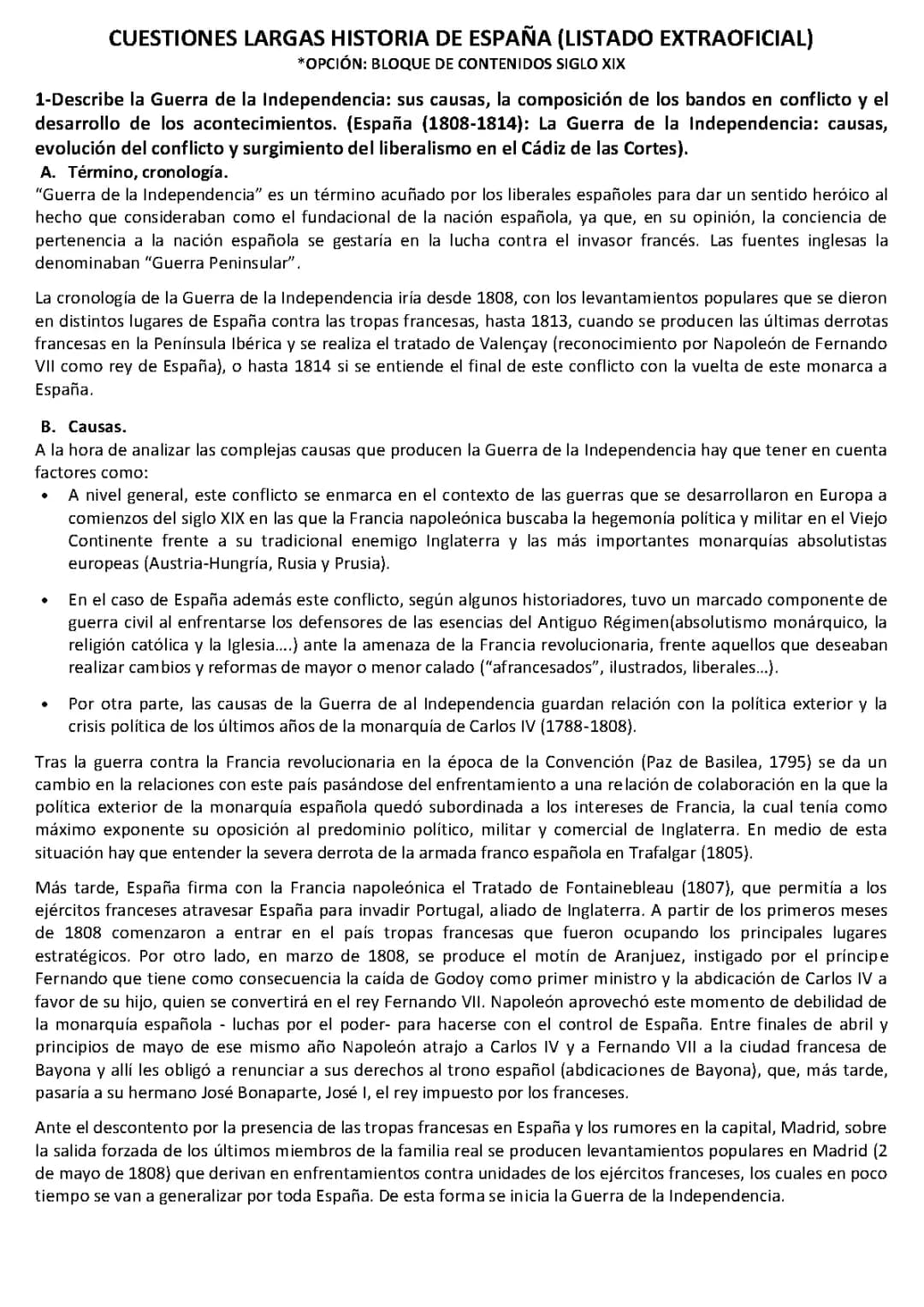 Causas y Consecuencias de la Guerra de la Independencia en España