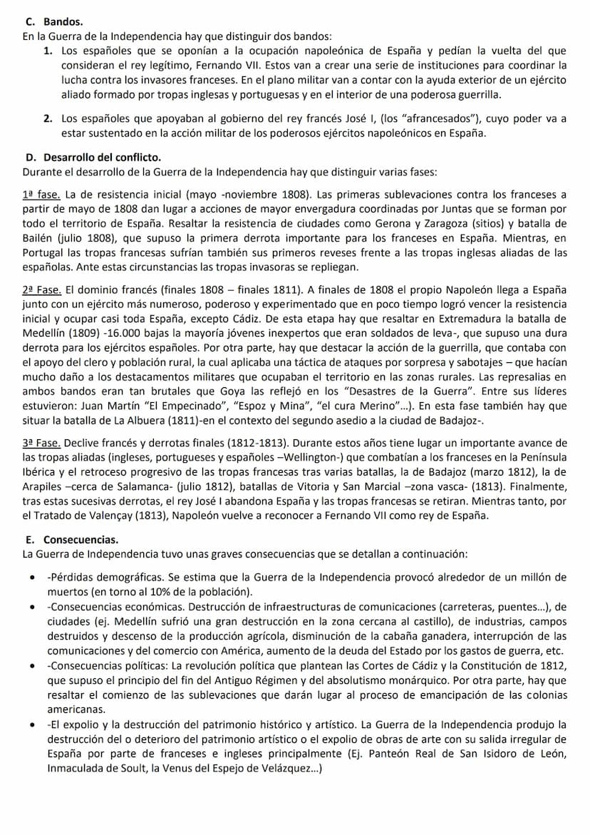 CUESTIONES LARGAS HISTORIA DE ESPAÑA (LISTADO EXTRAOFICIAL)
*OPCIÓN: BLOQUE DE CONTENIDOS SIGLO XIX
1-Describe la Guerra de la Independencia