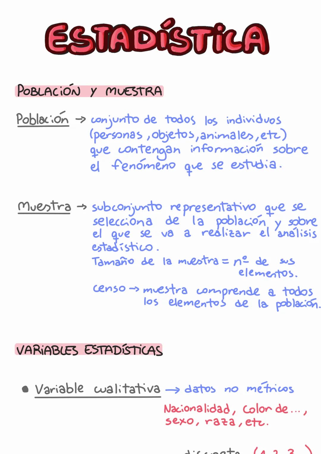 ESTADÍSTICA
POBLACIÓN Y MUESTRA
Población → conjunto de todos los individuos
(personas, objetos, animales, etc)
que contengan información so
