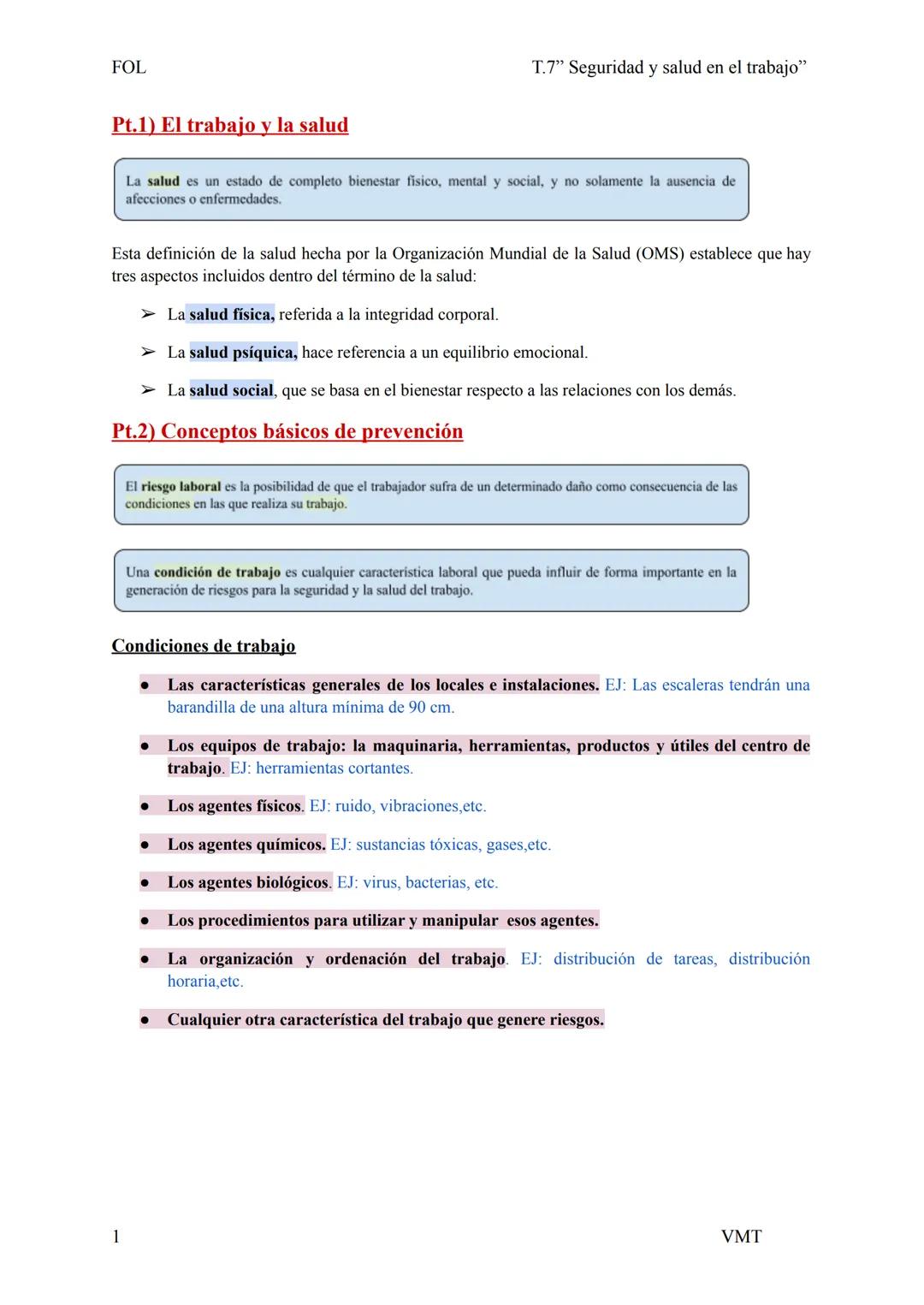 FOL
Pt.1) El trabajo y la salud
T.7" Seguridad y salud en el trabajo"
La salud es un estado de completo bienestar fisico, mental y social, y