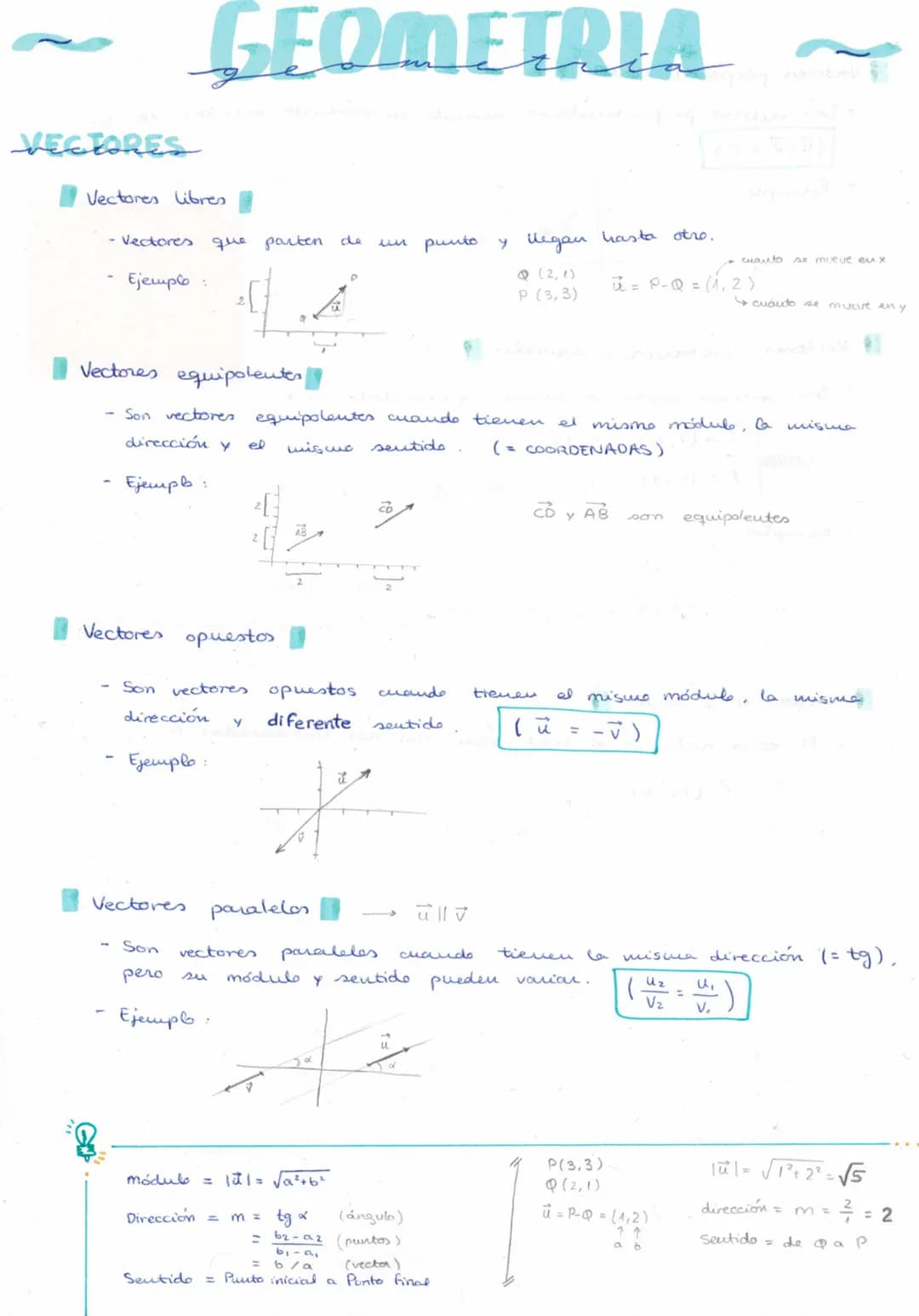 VECTORES
Vectores libres
GEOMETRIA
- Vectores que parten de
Ejemplo
Vectores opuestos.
- Son vectores opuestos
dirección
Ejemplo:
-
Vectores