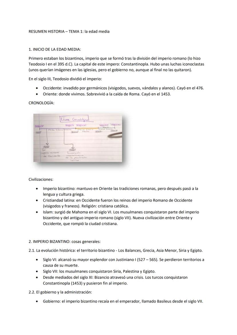 RESUMEN HISTORIA - TEMA 1: la edad media
1. INICIO DE LA EDAD MEDIA:
Primero estaban los bizantinos, imperio que se formó tras la división d